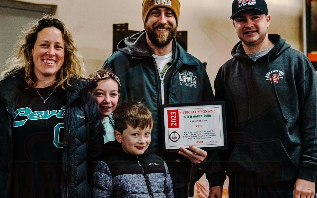 Since 2000, the men and women at the Georgetown Fire Department along with Marines from the @marinetoysfortotsfoundation have participated in a caravan tour of Georgetown collecting toys for this AMAZING foundation. This past December 4th, they collected over $80,000 worth of toys! This entire community has treated us with respect and kindness since the moment we moved in and we will always appreciate that. For the fourth year in a row, we were honored to assist by providing dinner for all the volunteers. 📸: Pictured is our favorite Director of Operations Tim O’Sullivan & his beautiful family accepting a certificate of appreciation! We cannot thank you enough for all that you do! #SpreadtheLEVIA #leviabrands